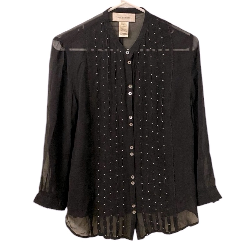 SUSAN BRISTOL Silk Black Button Up Sheer Blouse Size Small Vintage - Picture 12 of 15